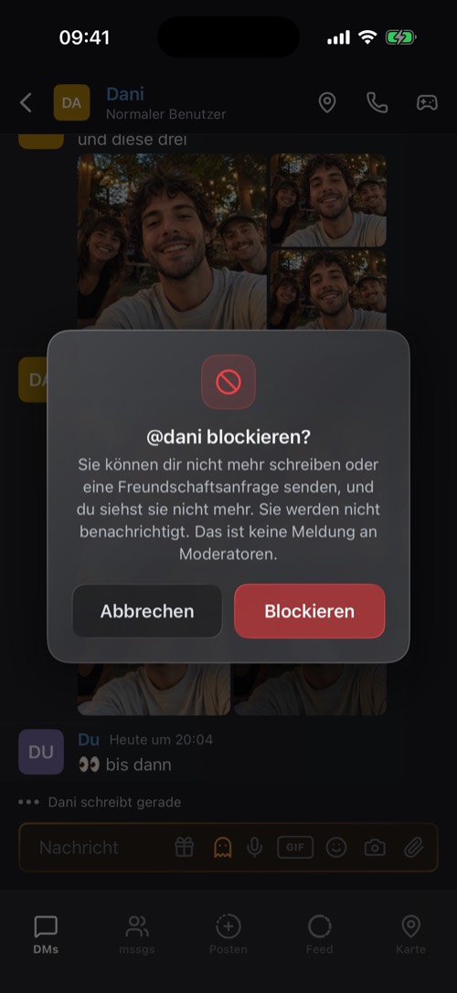 Der Dialog zum Blockieren, der erklärt, was Blockieren bewirkt