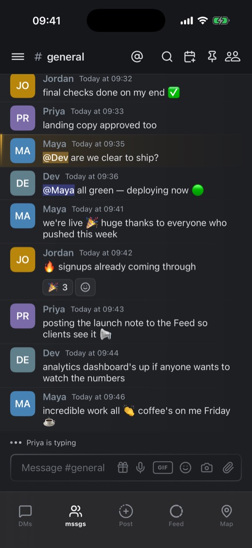 A text channel in a community with mentions and reactions