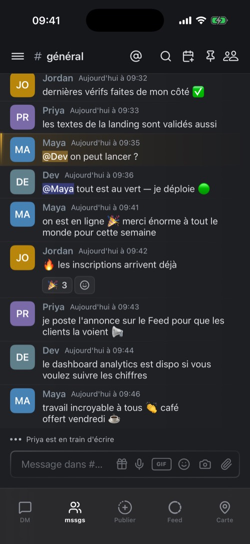 Un salon texte dans une communauté avec des mentions et des réactions