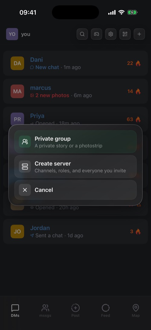 The create menu with Private group, Create server and Cancel