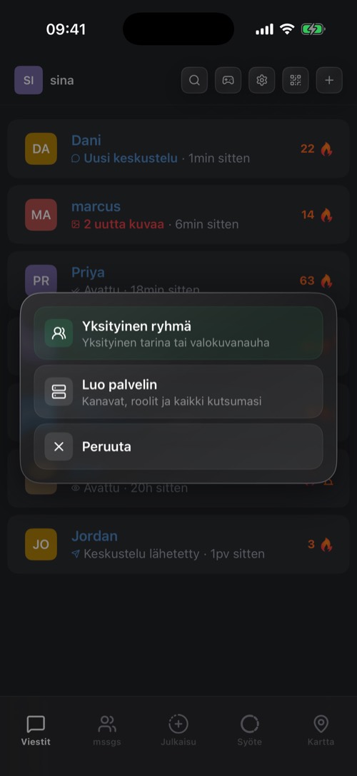 Luontivalikko, jossa ovat Yksityinen ryhmä, Luo palvelin ja Peruuta