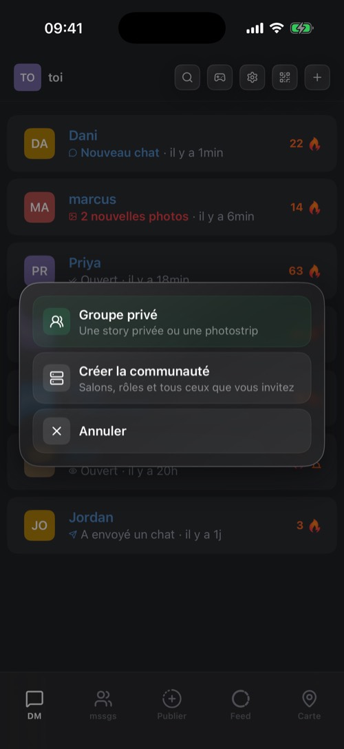 Le menu de création avec Groupe privé, Créer la communauté et Annuler