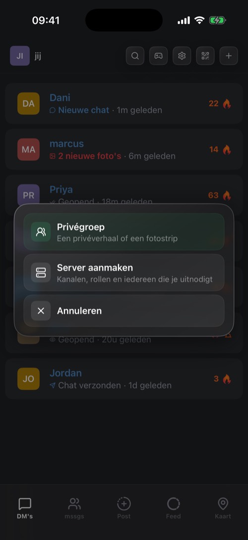 Het menu met Privégroep, Server aanmaken en Annuleren