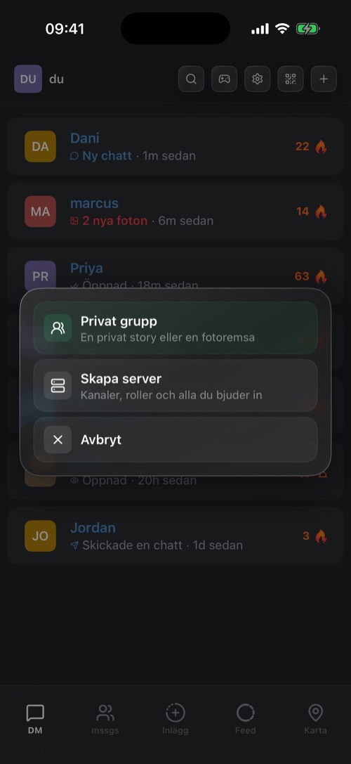 Menyn för att skapa med Privat grupp, Skapa server och Avbryt