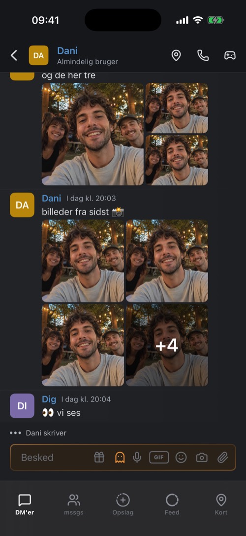 En samtale i en DM med billeder og chatbjælken