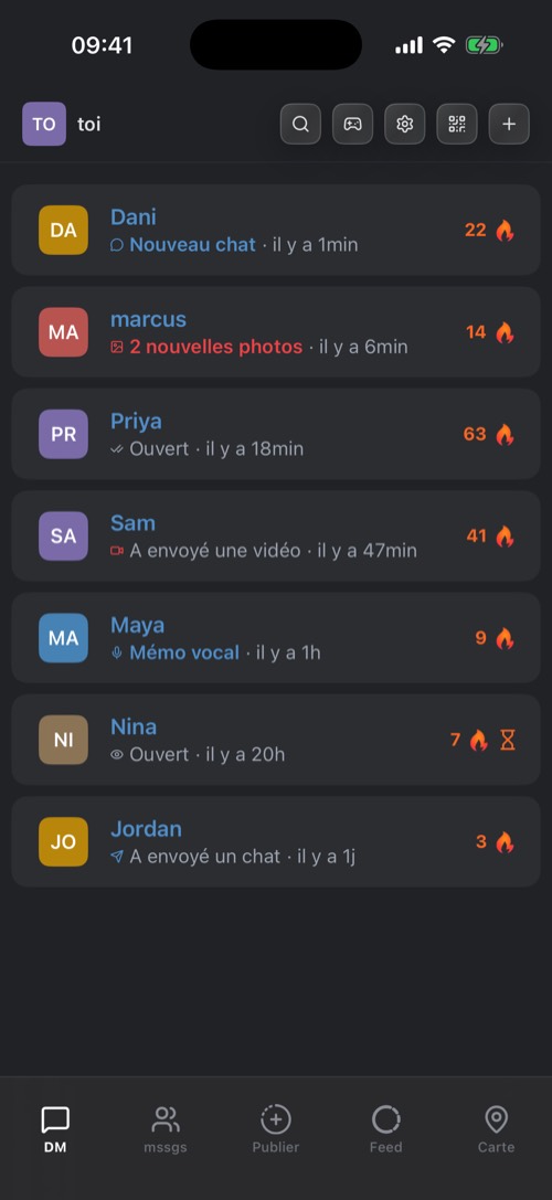 La liste des discussions de mssgs avec les boutons du haut et la barre du bas