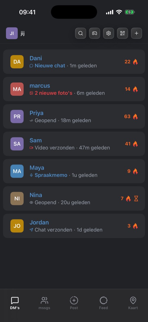 De chatlijst van mssgs met de knoppen bovenaan en de balk onderin