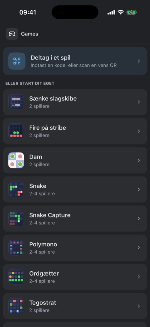 Skærmen Spil med Deltag i et spil og listen over de ni spil