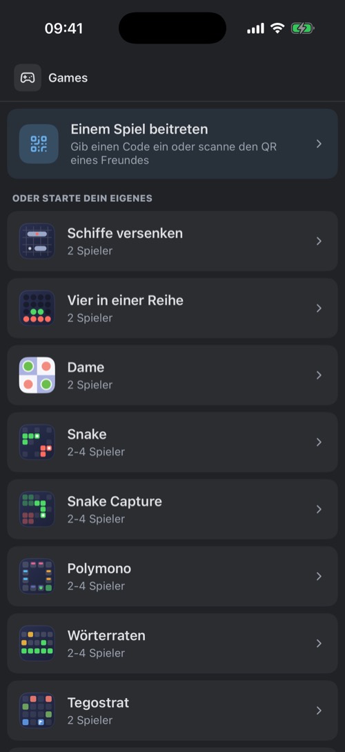 Der Bildschirm Spiele mit Einem Spiel beitreten und der Liste der neun Spiele