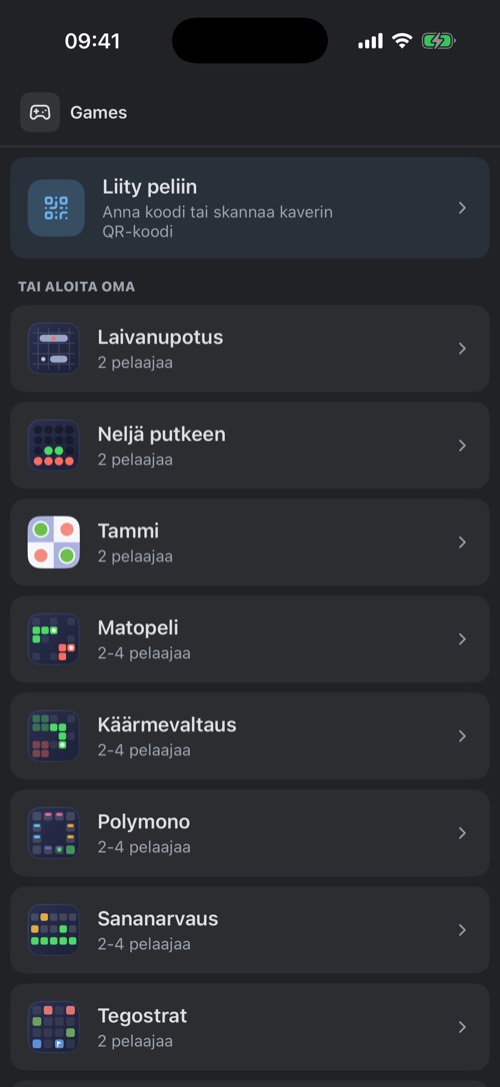 Pelit-näkymä, jossa on Liity peliin ja yhdeksän pelin lista