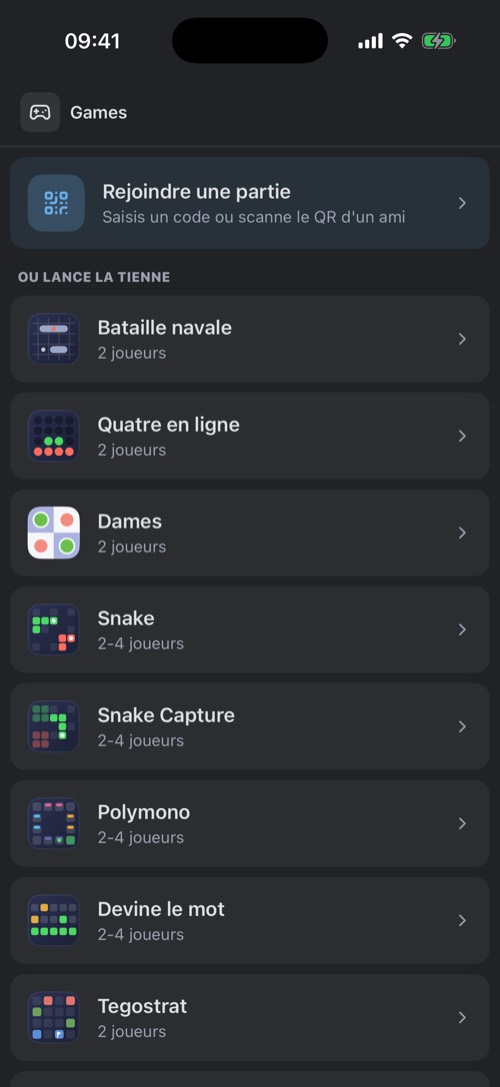 L'écran Jeux avec Rejoindre une partie et la liste des neuf jeux