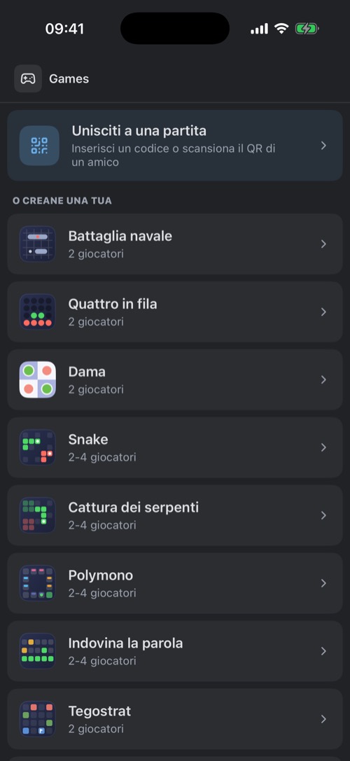 La schermata Giochi con Unisciti a una partita e l'elenco dei nove giochi