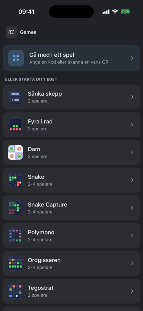 Skärmen Spel med Gå med i ett spel och listan över nio spel