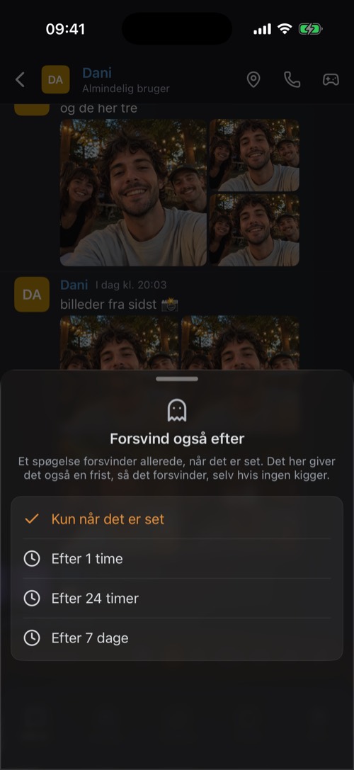 Mulighederne for Forsvind også efter: kun når det er set, efter 1 time, 24 timer eller 7 dage