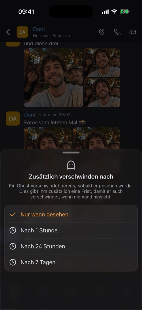 Die Optionen für Zusätzlich verschwinden nach: nur wenn gesehen, nach 1 Stunde, 24 Stunden oder 7 Tagen
