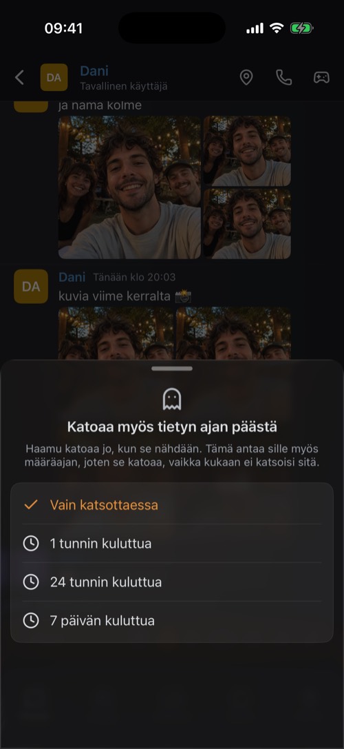 Katoaa myös tietyn ajan päästä -vaihtoehdot: vain katsottaessa, 1 tunnin, 24 tunnin tai 7 päivän kuluttua