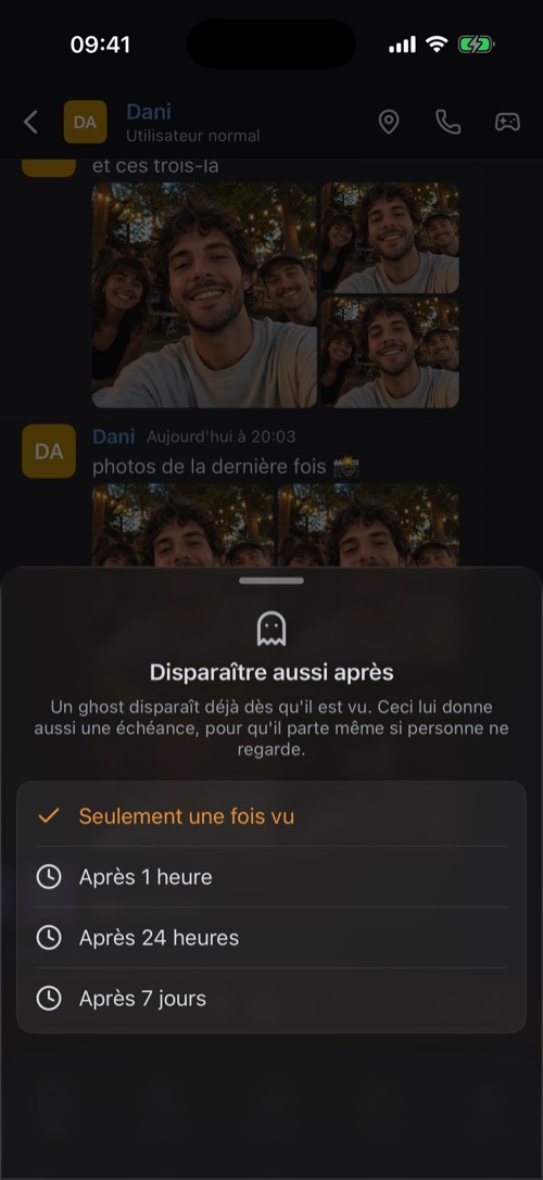 Les options Disparaître aussi après : seulement une fois vu, après 1 heure, 24 heures ou 7 jours
