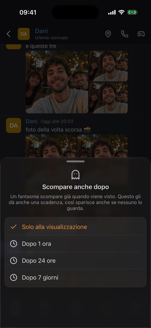 Le opzioni Scompare anche dopo: solo alla visualizzazione, dopo 1 ora, 24 ore o 7 giorni