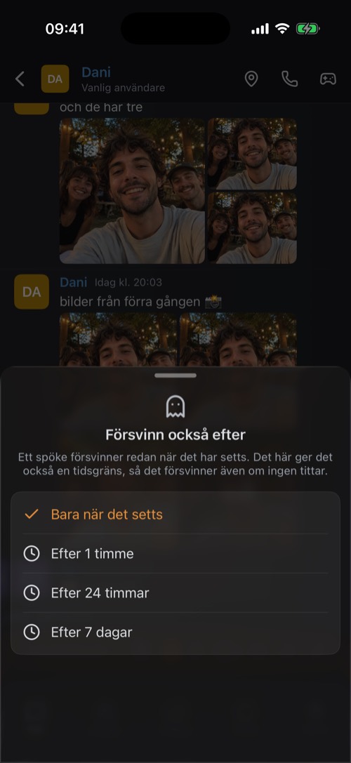 Alternativen för Försvinn också efter: bara när det har setts, efter 1 timme, 24 timmar eller 7 dagar