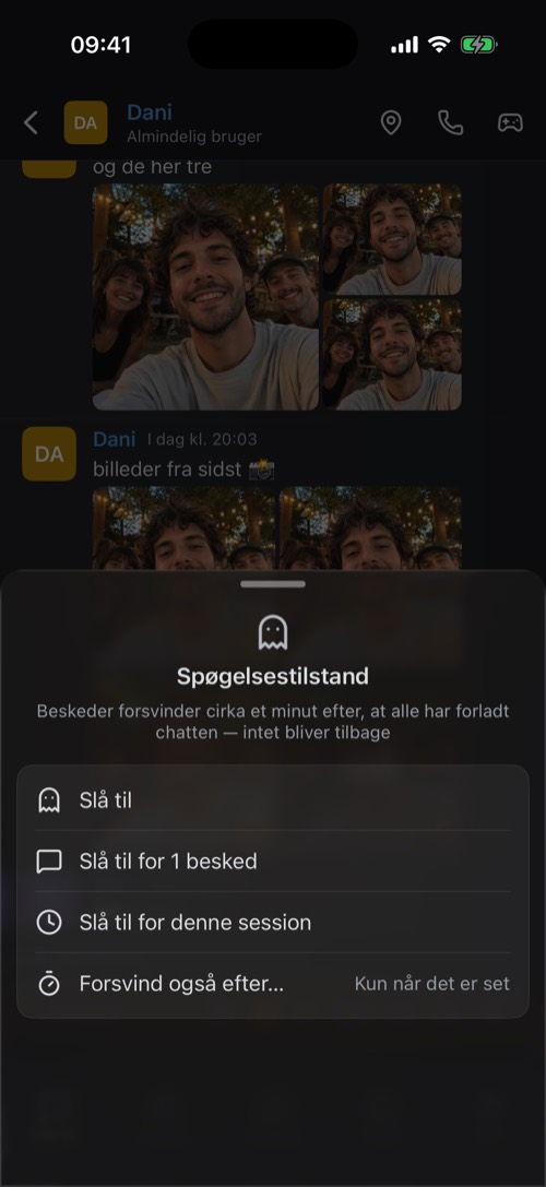 Mulighederne for spøgelsestilstand: slå til, for 1 besked, for denne session