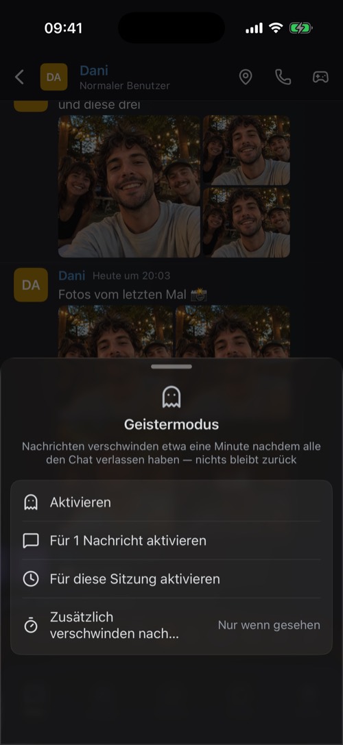 Die Optionen des Geistermodus: aktivieren, für 1 Nachricht, für diese Sitzung