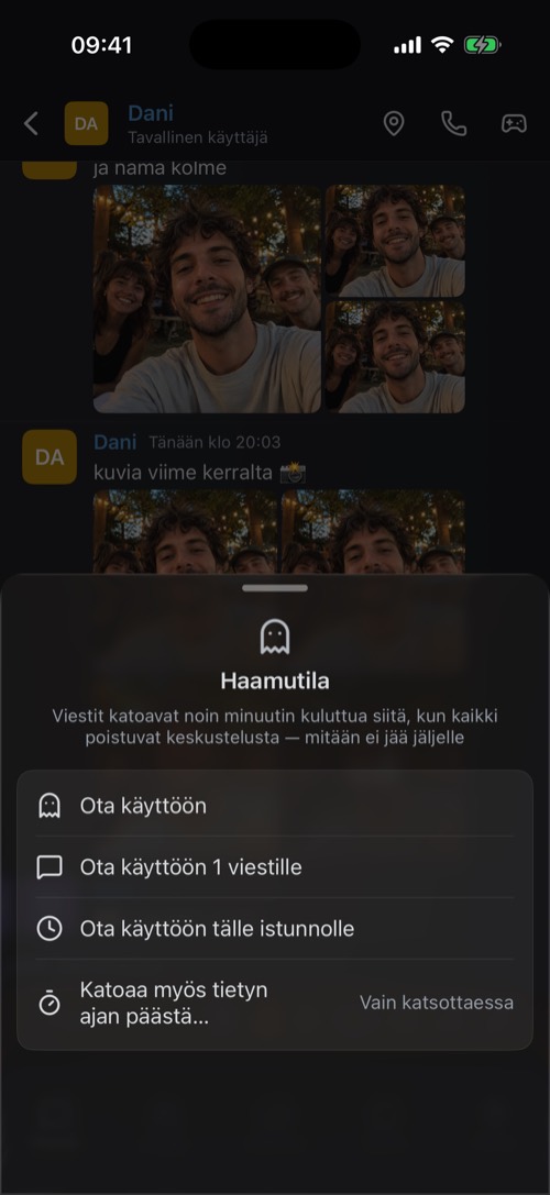 Haamutilan vaihtoehdot: ota käyttöön, yhdelle viestille, tälle istunnolle
