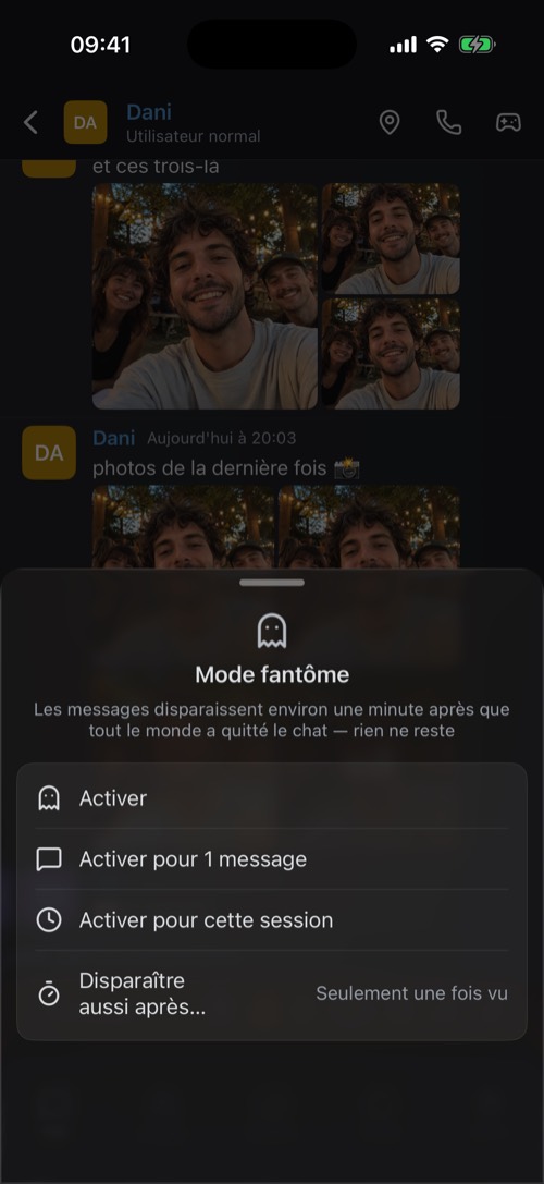 Les options du mode fantôme : activer, pour 1 message, pour cette session