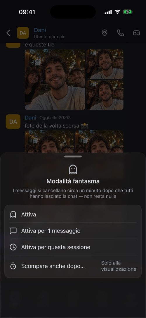 Le opzioni della modalità fantasma: attiva, per 1 messaggio, per questa sessione
