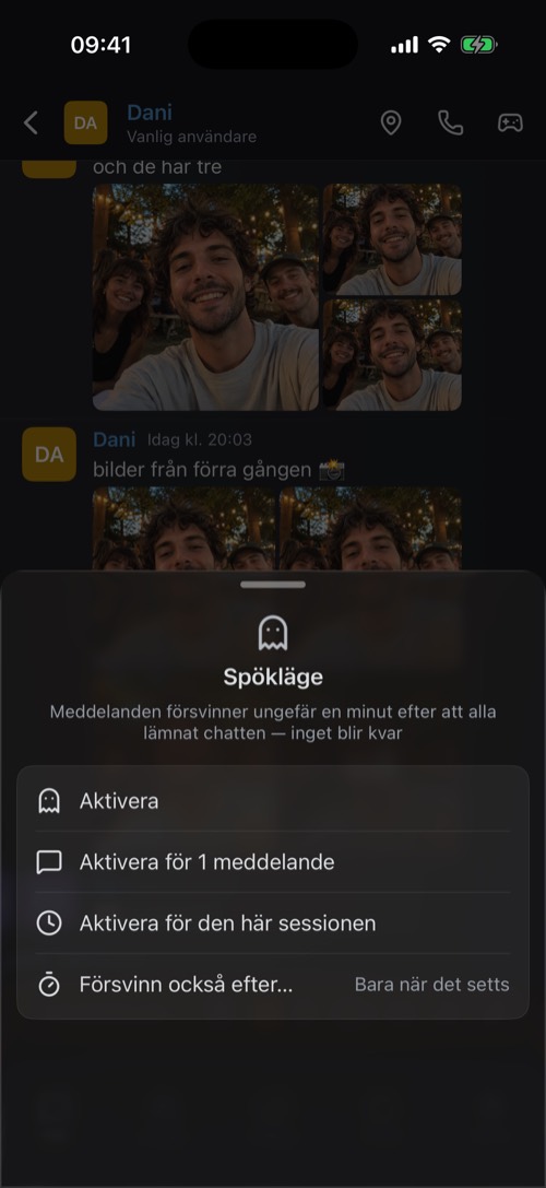 Alternativen för spökläge: aktivera, för ett meddelande, för den här sessionen