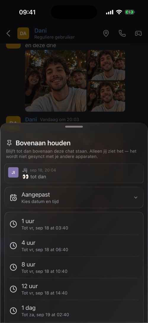 Het venster Bovenaan houden met tijden van een uur tot een week