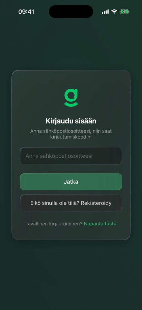 mssgs:n kirjautumisnäyttö, joka pyytää sähköpostiosoitetta