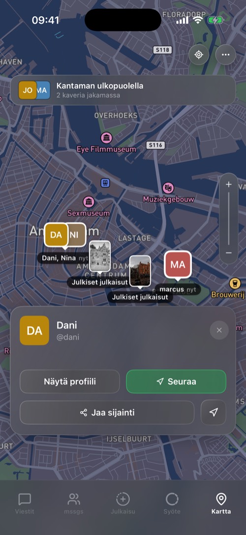 Kartta, jossa on kavereita, julkisia julkaisuja ja Danin kaverikortti