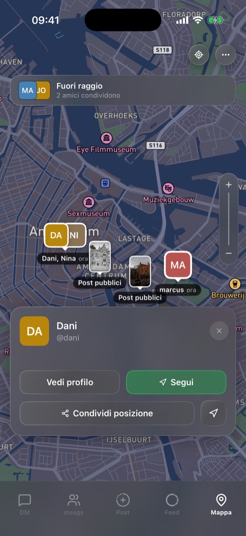 La mappa con gli amici, i post pubblici e la scheda di un amico, Dani