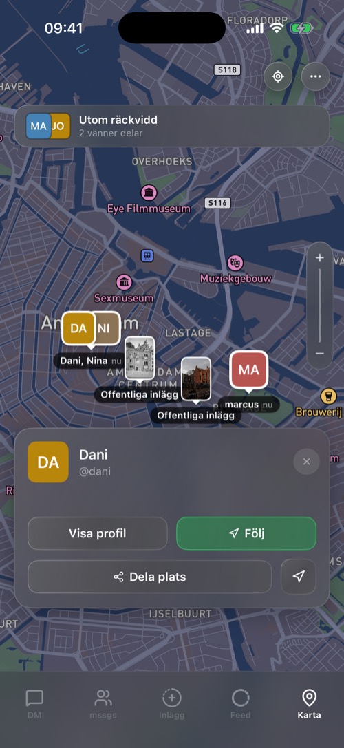 Kartan med vänner, offentliga inlägg och ett vänkort för Dani