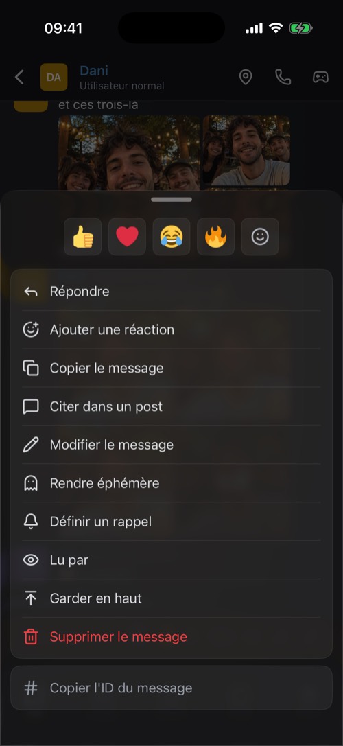 La fiche d'options qui s'ouvre quand on appuie longuement sur un message