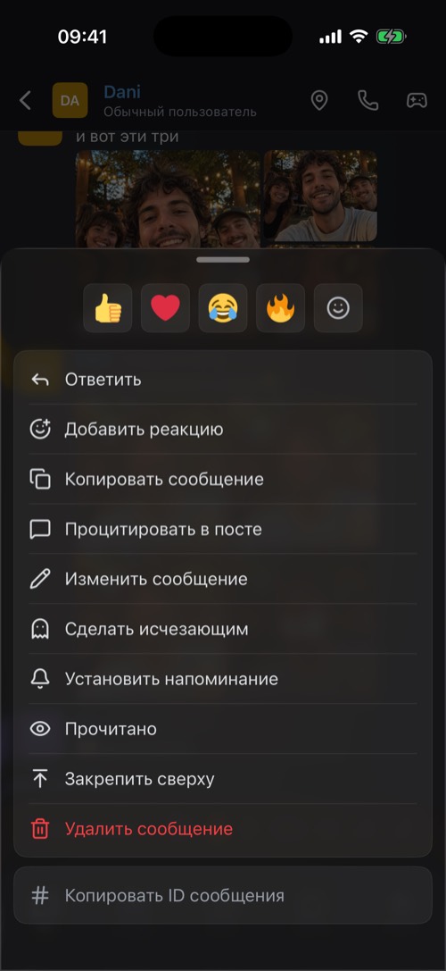 Окно с параметрами, которое открывается при удержании сообщения