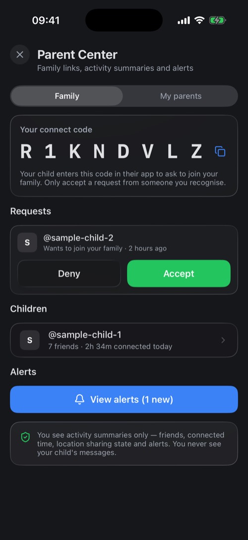 The Parent Center with a connect code, a request and a linked child