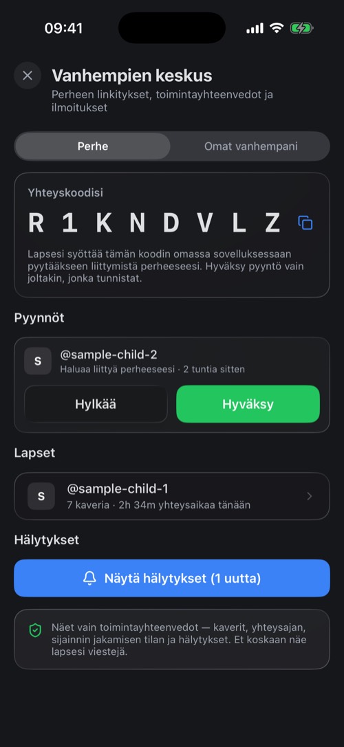 Vanhempien keskus, jossa on yhteyskoodi, pyyntö ja yhdistetty lapsi