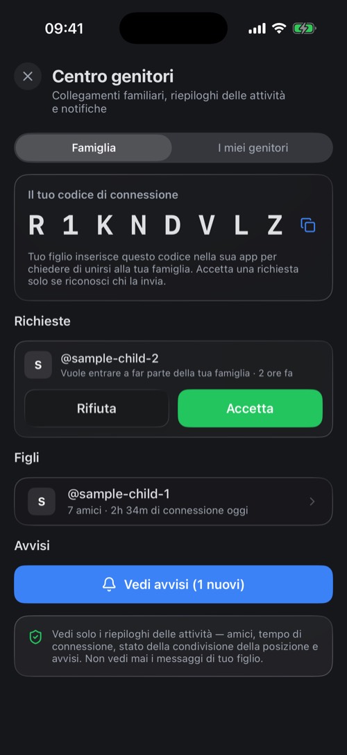 Il Centro genitori con un codice di connessione, una richiesta e un figlio collegato