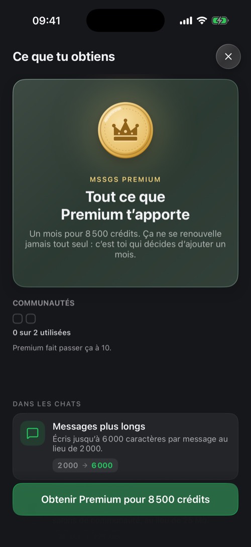 L'écran Ce que tu obtiens qui présente Premium