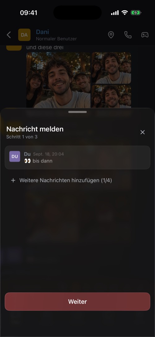 Das Fenster Nachricht melden mit der gemeldeten Nachricht