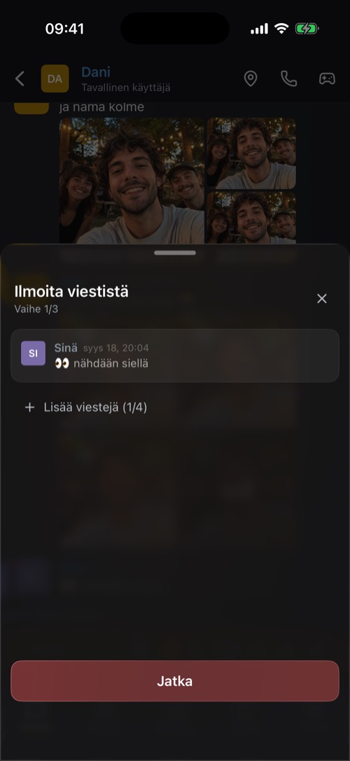 Ilmoita viestistä -näkymä, jossa on ilmoitettava viesti