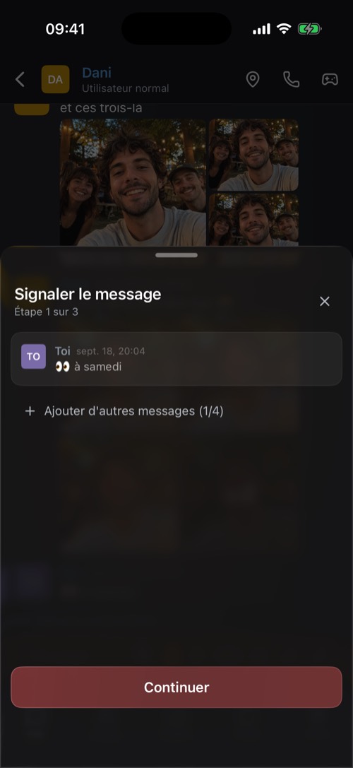 La fiche Signaler le message avec le message à signaler