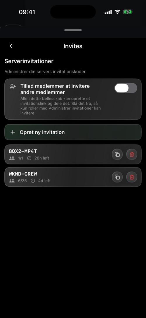 Sektionen Invites i serverindstillingerne