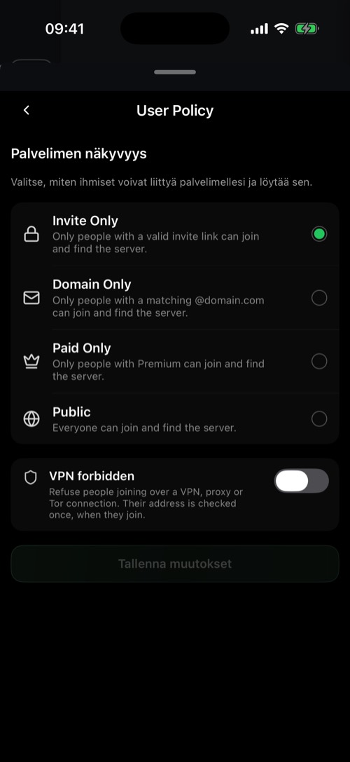 User Policy -osio, jossa on palvelimen näkyvyysvaihtoehdot