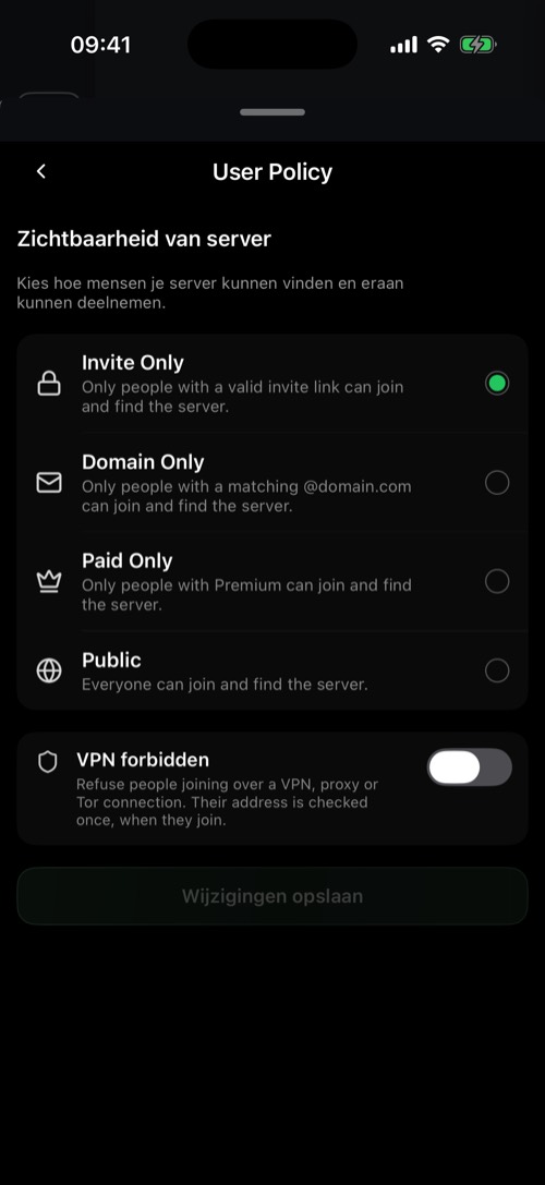 Het onderdeel User Policy met de zichtbaarheid van de server