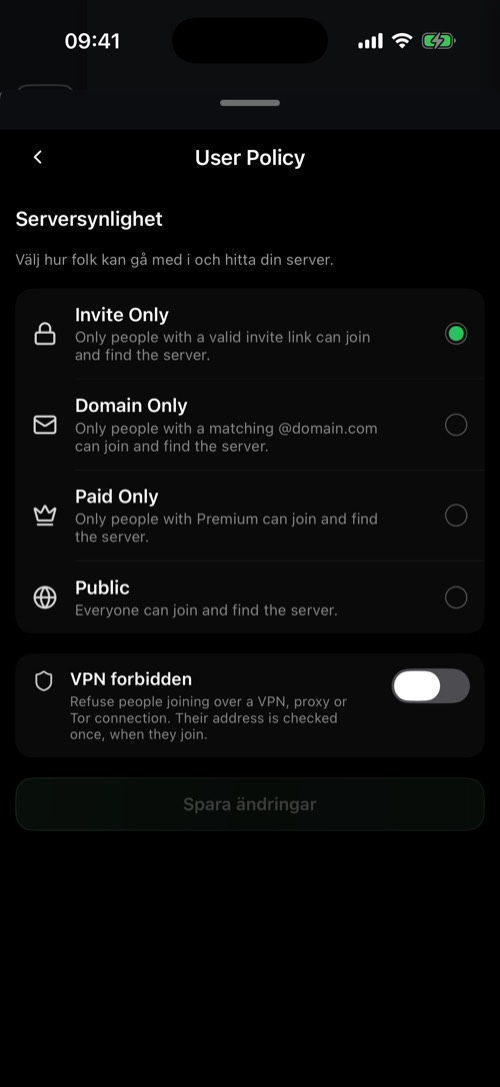 Avsnittet User Policy med alternativ för serverns synlighet