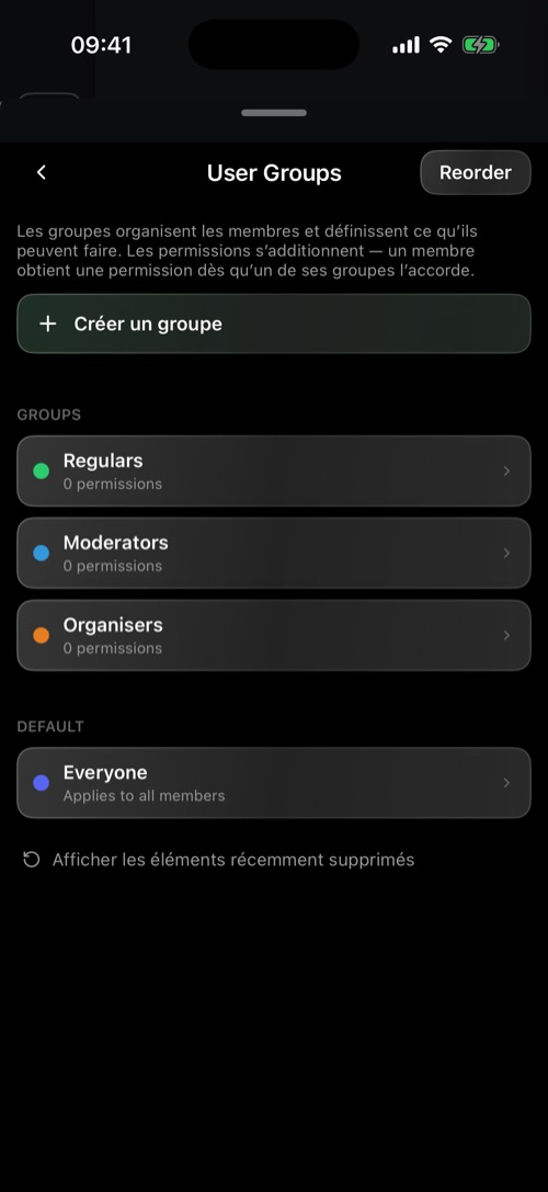 La section User Groups avec les rôles et leurs couleurs
