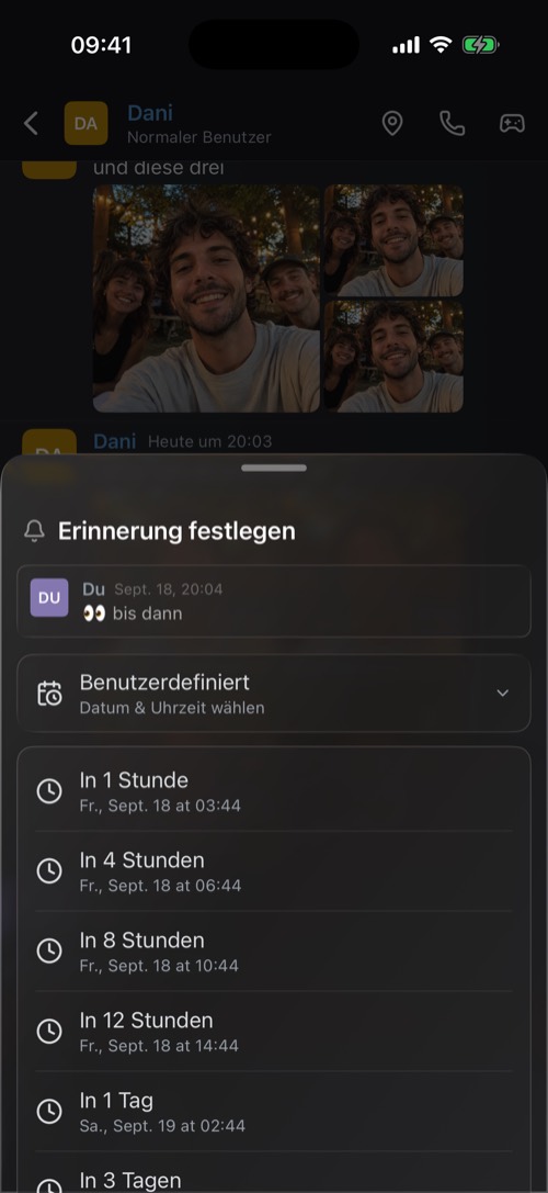 Das Fenster Erinnerung einstellen mit Zeiten von einer Stunde bis zu einer Woche