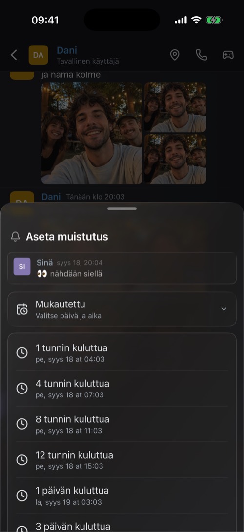 Aseta muistutus -valikko, jossa on ajat tunnista viikkoon